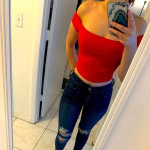 Off shoulder red crop top